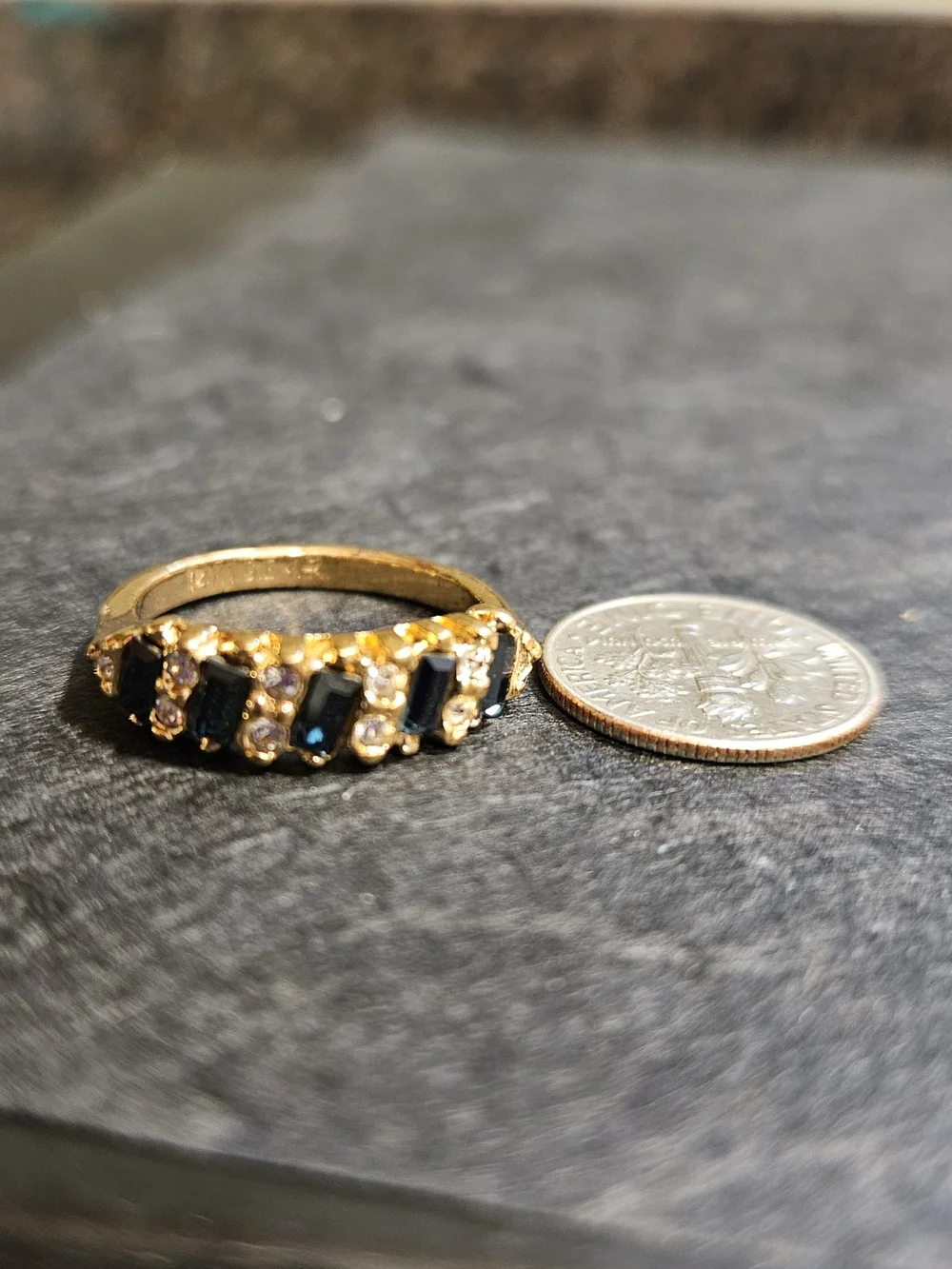 Gold Plated Blue Crystal & Clear CZ Bar Ring. Size 8 - Picture 4 of 5